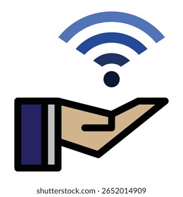 ícone de uma mão aberta segurando um símbolo de sinal Wi-Fi. Esta imagem representa a conectividade sem fio, o acesso à Internet, o suporte digital ou a disponibilidade de serviços de rede.