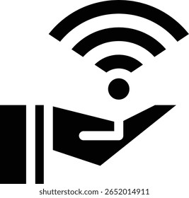 ícone de uma mão aberta segurando um símbolo de sinal Wi-Fi. Esta imagem representa a conectividade sem fio, o acesso à Internet, o suporte digital ou a disponibilidade de serviços de rede.