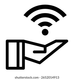 ícone de uma mão aberta segurando um símbolo de sinal Wi-Fi. Esta imagem representa a conectividade sem fio, o acesso à Internet, o suporte digital ou a disponibilidade de serviços de rede.