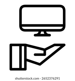 icon of an open hand offering a desktop computer. Ideal for concepts related to technology support, digital service, IT solutions, online learning, or remote access.