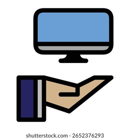 icon of an open hand offering a desktop computer. Ideal for concepts related to technology support, digital service, IT solutions, online learning, or remote access.