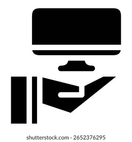 ícone de uma mão aberta oferecendo um computador desktop. Ideal para conceitos relacionados a suporte de tecnologia, serviço digital, soluções de TI, aprendizado on-line ou acesso remoto.