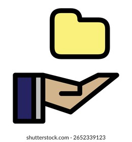 Icono de una mano abierta que ofrece una carpeta. Adecuado para representar la gestión de archivos, el uso compartido de carpetas, el almacenamiento digital, el acceso a la nube, la colaboración en equipo o la Asistencia de datos.
