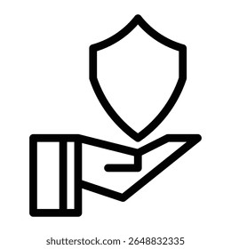 icon of an open hand with a shield above it, symbolizing protection, safety, security, or insurance. suitable for concepts like care, support, trust, and defense.