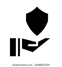 icon of an open hand with a shield above it, symbolizing protection, safety, security, or insurance. suitable for concepts like care, support, trust, and defense.