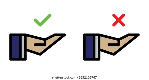 icon of open hands with check mark and cross above. Represents approval and rejection, accepted and denied, verified and error, success and failure.
