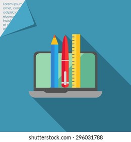 Icon of open laptop, pencil, pen and ruler