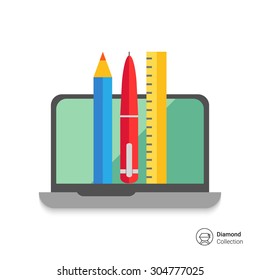 Icon of open laptop, pencil, pen and ruler