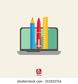 Icon of open laptop, pencil, pen and ruler