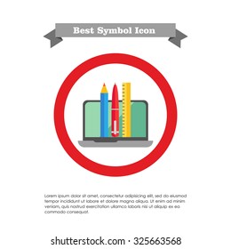 Icon of open laptop, pencil, pen and ruler