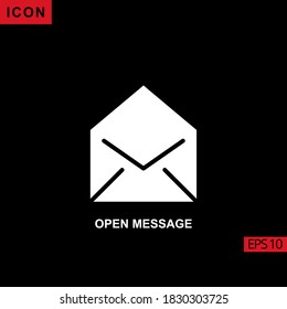 Icon open message flat vector isolated sign, glyph style pictogram isolated on black. Sign or symbol for contact us, web.