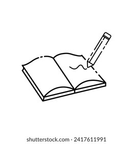 Icon of an open notepad and pencil on a white background.
