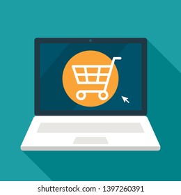 Icon of an open online store through a laptop. concept of modern commerce. flat vector illustration with shadow