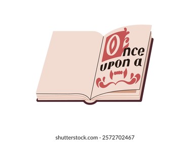 Icon of open paper book with fairy tales to read. Childish fairytales, fiction novels, magic stories. Concept of fantasy literature for kids. Flat isolated vector illustration on white background