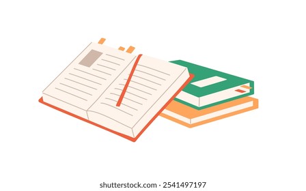 Icono de libro de papel abierto. Montón de libros de texto para aprender, leer. Literatura escolar para estudiar. Preparación de los deberes. Concepto de educación. Ilustración vectorial aislada plana sobre fondo blanco