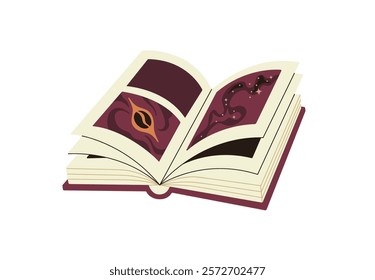 Icon of open paper book with pictures about space adventures. Fiction novels, mystic stories about cosmos. Concept of reading fantasy, sci fi literature. Flat isolated vector illustration on white