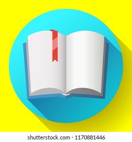 Icon of open textbook with red bookmark. Blank book with a blue cover. Isolated on white background. Vector illustration.