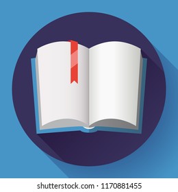Icon of open textbook with red bookmark. Blank book with a blue cover. Isolated on white background. Vector illustration.