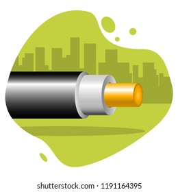 Icon of optic cable on the background silhouette of the city