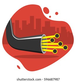 Icon of optic cable on the background with shadow silhouette of the city