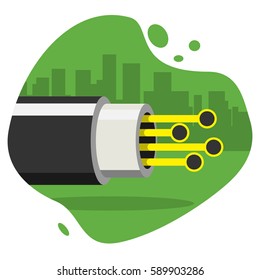 Icon of optic cable on the green color background silhouette of the city. Vector illustration