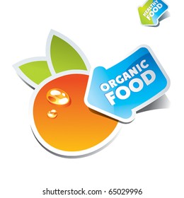 Icon orange with an arrow by organic food. Vector illustration.