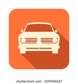 icon of orange color with a shadow effect with an image of an old car. Front view, Car icon