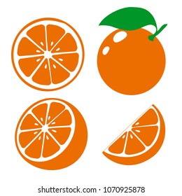 Icon orange fruits. Set fresh orange and slice. Isolated on white background. Vector illustrations