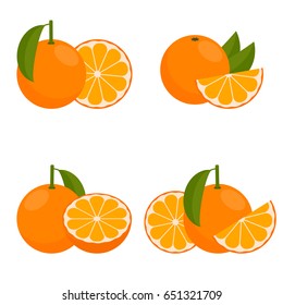 The Icon  Orange Or Mandarin. Set With Whole Fruit And A Half, With Leaves And Without. Vector Illustration In A Flat Style.