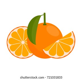 Icon  Orange or Mandarin.  whole fruit and a half. Vector illustration in a flat style.