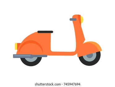Icon of orange motor scooter with black seat and yellow headlamp in front. Vector illustration of moped isolated on white background