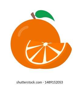 Icon  Orange Set with whole fruit and a half, with leaves and without. Vector illustration in a flat style, logo isolated on white background