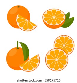 The Icon Is Orange. Set with whole fruit and a half, with leaves and without. Vector illustration in a flat style.