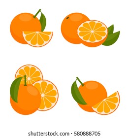 The Icon Is Orange. Set with whole fruit and a half, with leaves and without. Vector illustration in a flat style.