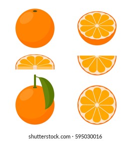 The Icon Is Orange. Set with whole fruit and a half, with leaves and without. Vector illustration in a flat style.