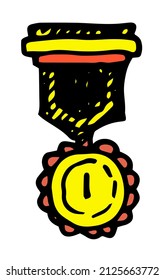 icon of the Order of the golden. yellow gold medal with yellow ribbon, with black outline in doodle style with number one yellow on white for the sports event design template, for the winner design 