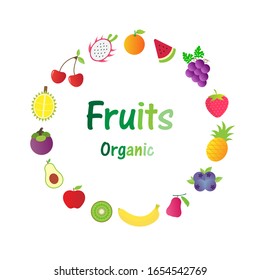 Icon organic fruits pattern (Cherry ,Banana ,Strawberry ,Mangosteen ,Watermelon ,Pineapple ,Orange ,Grape ,Dragon fruit ,Kiwi ,Rose apple ,Blueberry ,Pear ,Durian) isolated on white background.Vector.