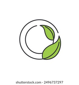 Icon of organic. Picture of two green leaves shaped in circle. It gives organic label meaning that it made, consist or related to nature or natural with no artificial chemicals added.