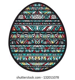 Icon ornamental colorful easter egg with black stripes and colored shapes-vector