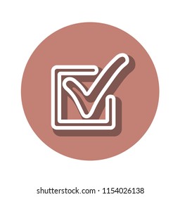 Icon of the outline of a checkmark with a shadow on a pink background of a round shape
