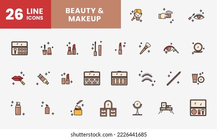 icon outline fill color about makeup, lips, lipstick, lip balm, lip care, face care, skin care, treatment, beauty, compact powder makeup and more. editable color. outline and fill color icon style.