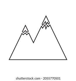 The icon is the outline of a mountain. Two mountains with snow-capped peaks. Symbolic image. Vector illustration isolated on a white background for design and web.