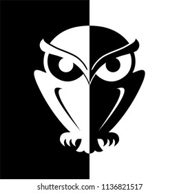 Icon owl. Flat sign owl. Isolated black and white logo owl on black and white background. Vector Illustration