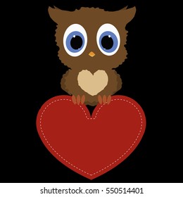 icon owl holding a red heart frame on black background. template for greeting card on Valentine's day or baby shower or arrival. vector illustration