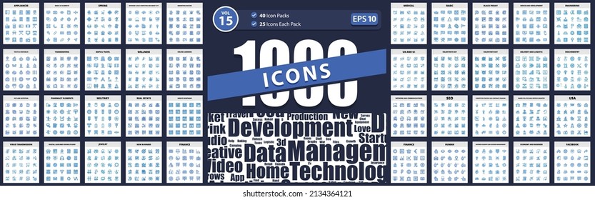 Icon Pack 1000 Datenwissenschaft und Cyber-Sicherheit, Internet der Dinge, Gebäude, sportliche Eigenschaften und Sport-Training, Business