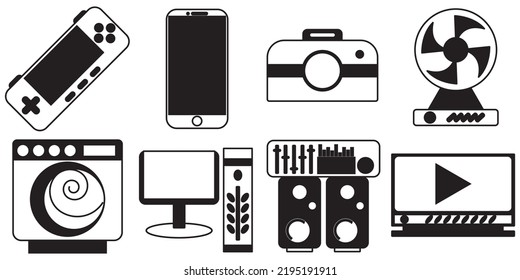 Icon Pack mit schwarz-weißer elektronischer Ausrüstung wie Smartphones, Videospiele, Spiegellose-DSLR-Kameras, Ventilatoren, Waschmaschinen, Computern, Fernsehern und Soundsystemen