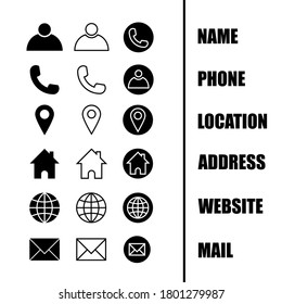Paquete de iconos para una tarjeta de visita, para un sitio web. Iconos negros en un fondo blanco. Nombre. Teléfono. Ubicación. Dirección. Sitio web. Correo electrónico. EPS10 vectores