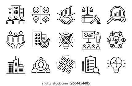 Pacote de ícones de conceitos empresariais. Inclui símbolos para trabalho em equipe, liderança, estratégia, inovação, crescimento, gerenciamento, planejamento e sucesso corporativo.