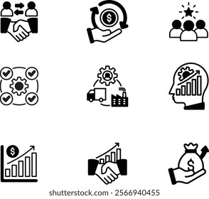 Icon Pack: Business Development | Black fill Business or organisation management icon set. Containing manager, teamwork, strategy, marketing, business, planning, training, employee icons. Solid icons 