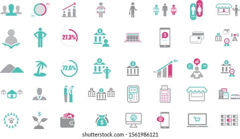 Icon pack clip flat design art analysis data, infographic, bank, money, atm, economy growth, Internet, simcard, city, village, rich, poor.